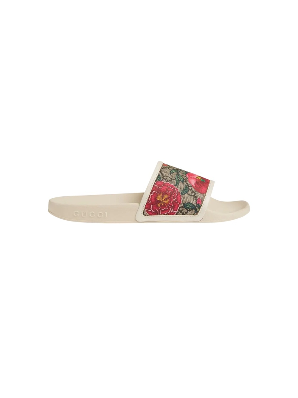 Gucci Floral Print Slide Sandal in Cream with Pink Accents
